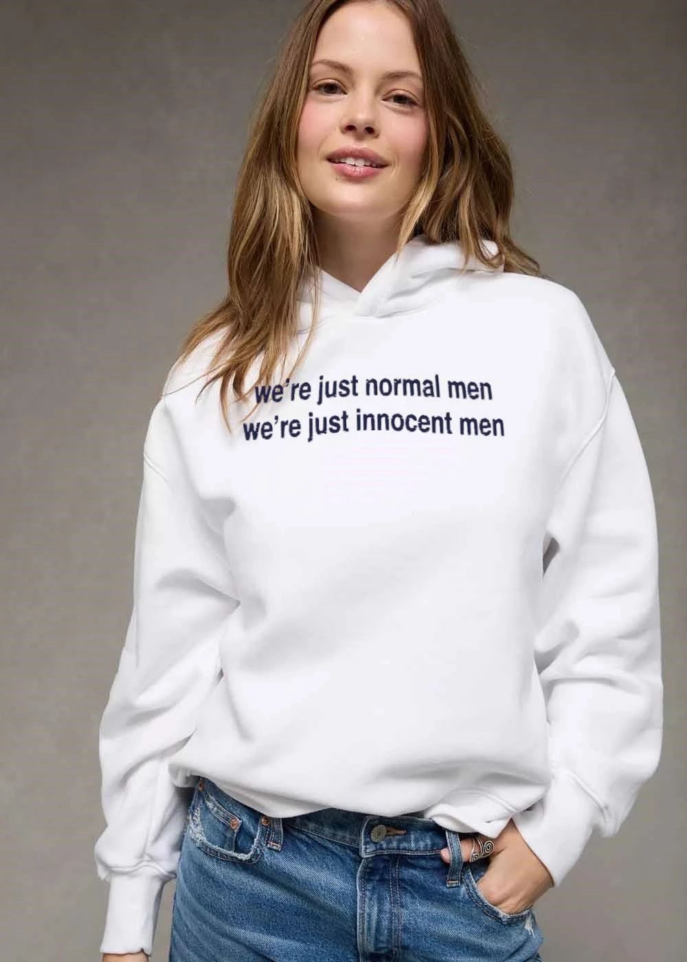 Were Just Normal Men Innocent Distressed Dark Blue Text Typography shirt