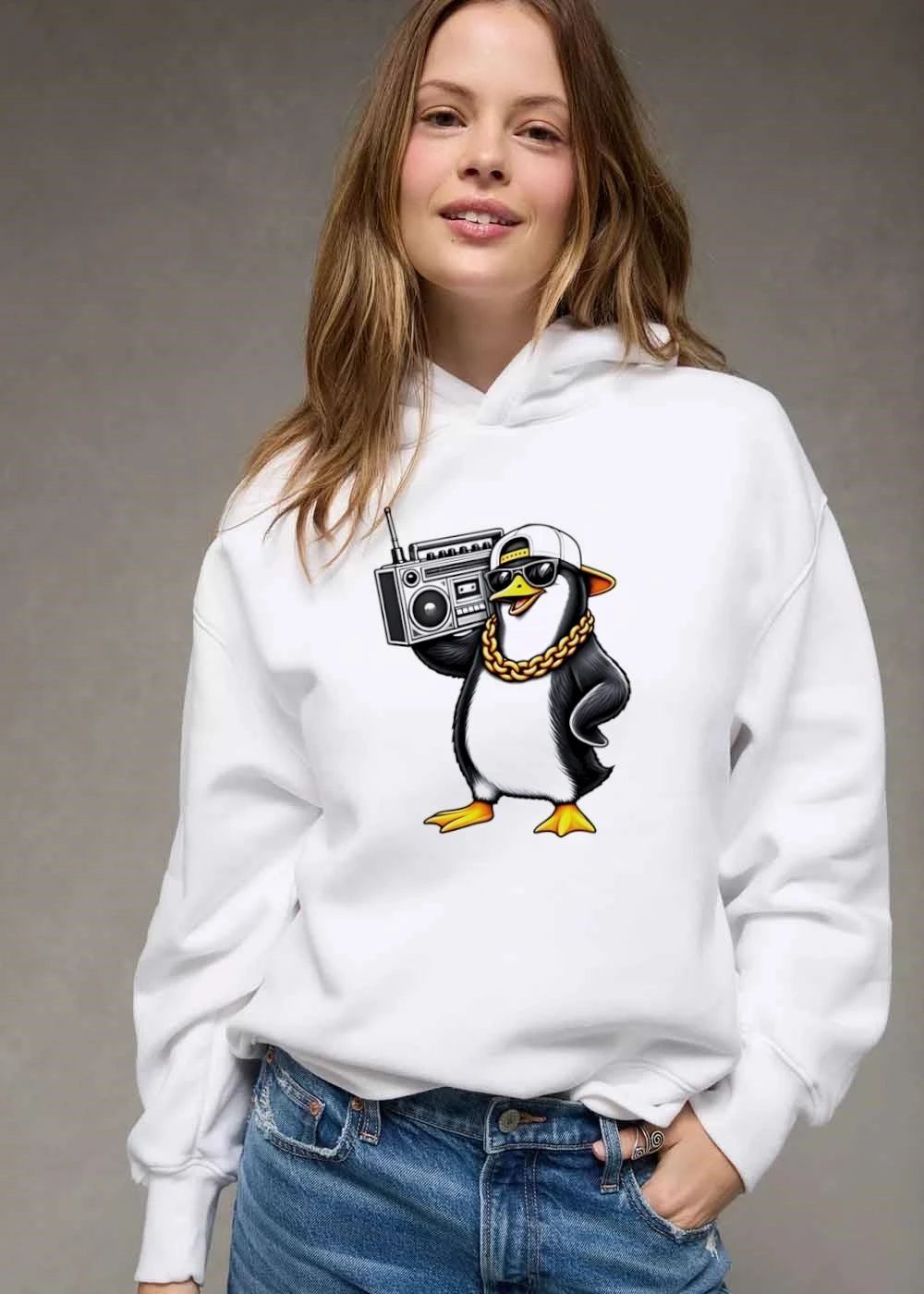 Cartoon Hip Hop Penguin Carrying Retro Boombox Gold Chain Sunglasses shirt