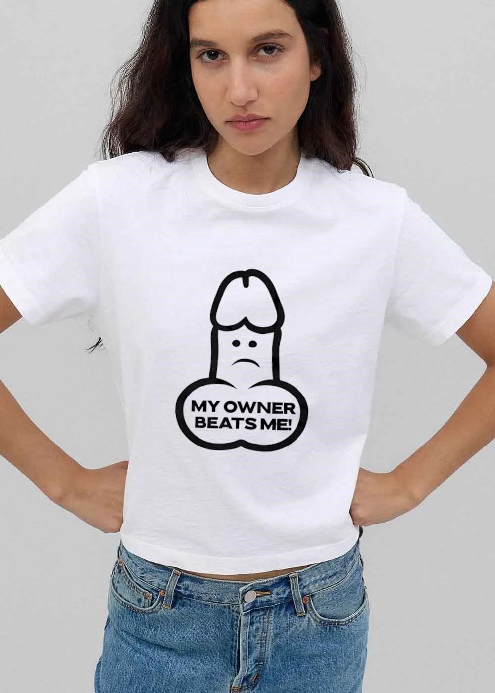 Funny My Owner Beats Me Sad Frowning Cartoon Penis Line Art shirt