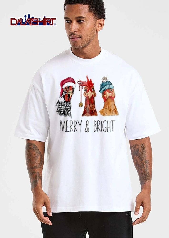 Merry And Bright Watercolor Chickens Santa Hat Beanie Bell shirt