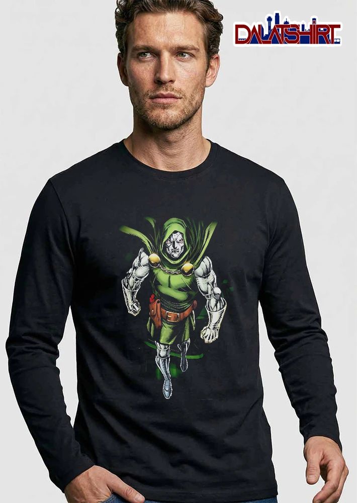Doctor Doom Walking Forward In Metallic Armor Green Hooded Cloak shirt