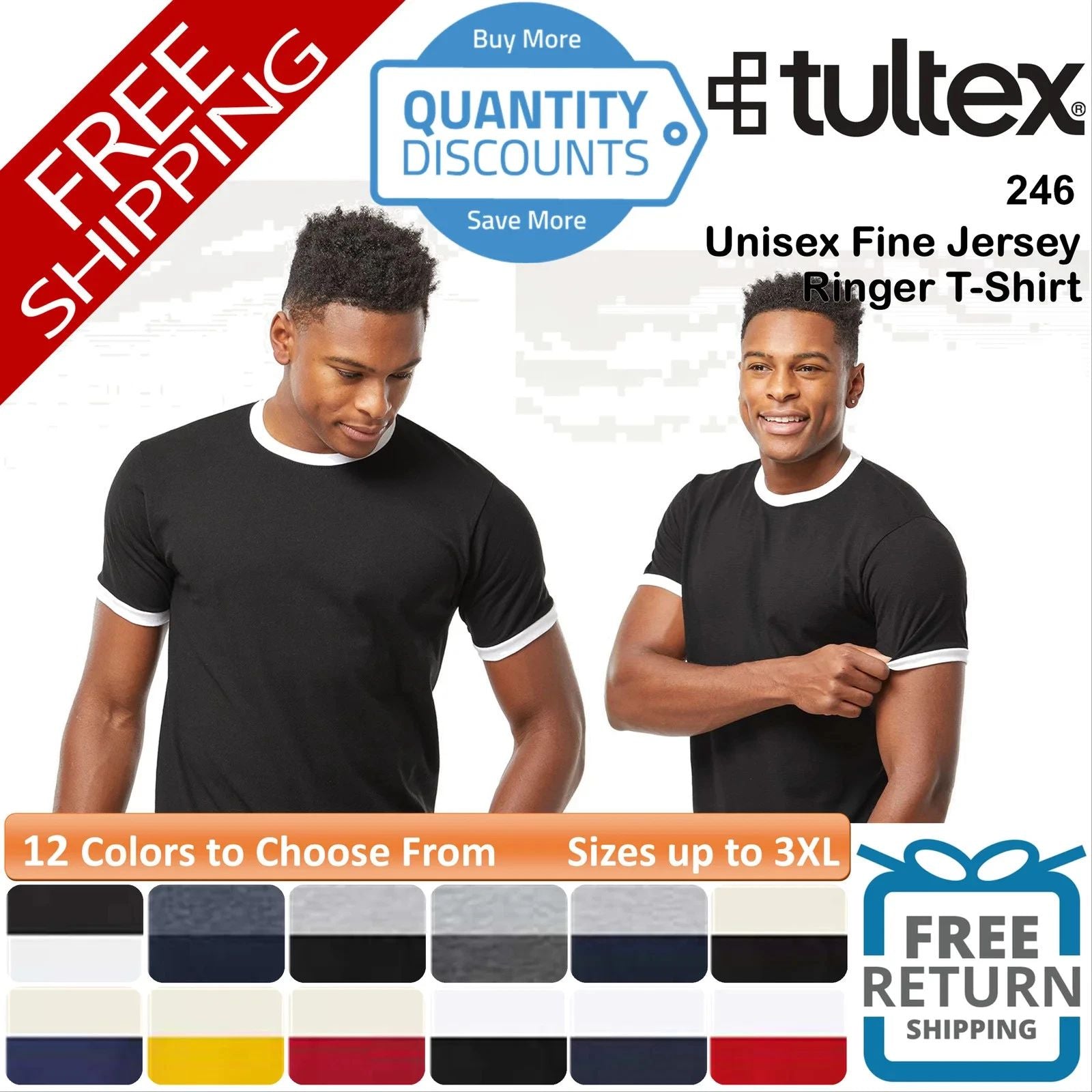 🔥 Tultex Men Fine Jersey Ringer T-shirt Short Sleeve Top Up To 3XL 246