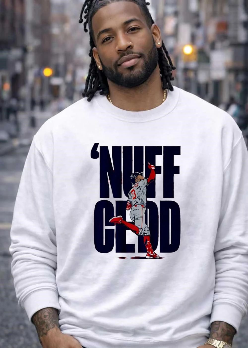 Nuff Cedd Baseball Player Running Bases Pointing Up Big Block Letters shirt