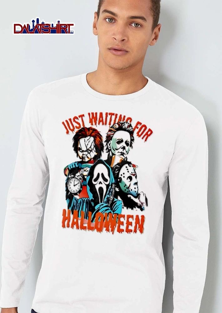 Just Waiting For Halloween Horror Slashers Holding Alarm Clock Cartoon shirt