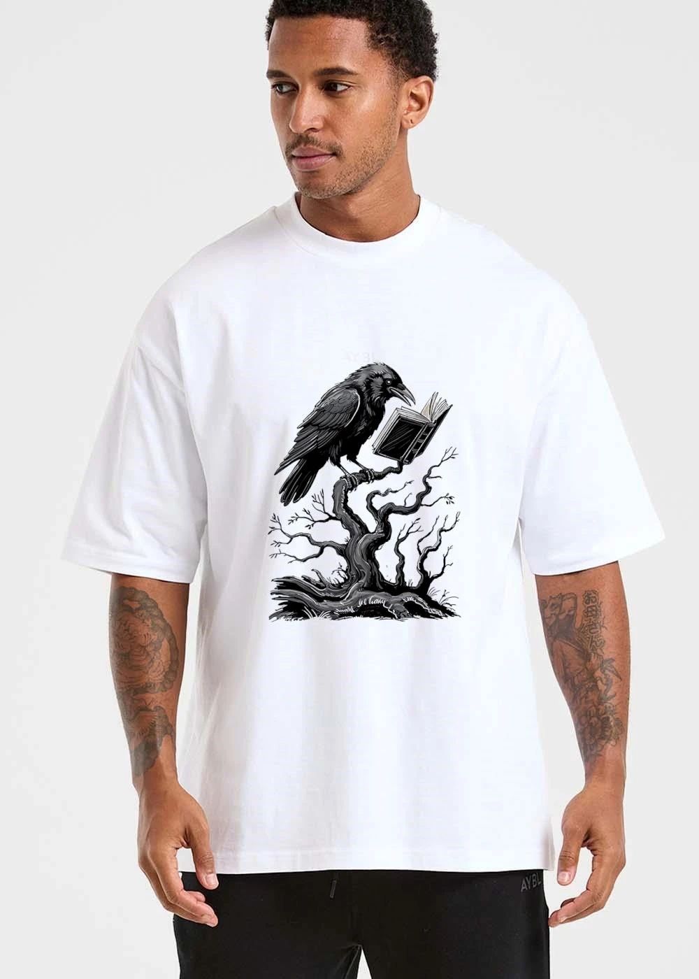 Gothic Black Raven Reading Open Book Perched On Gnarled Tree Line Art shirt