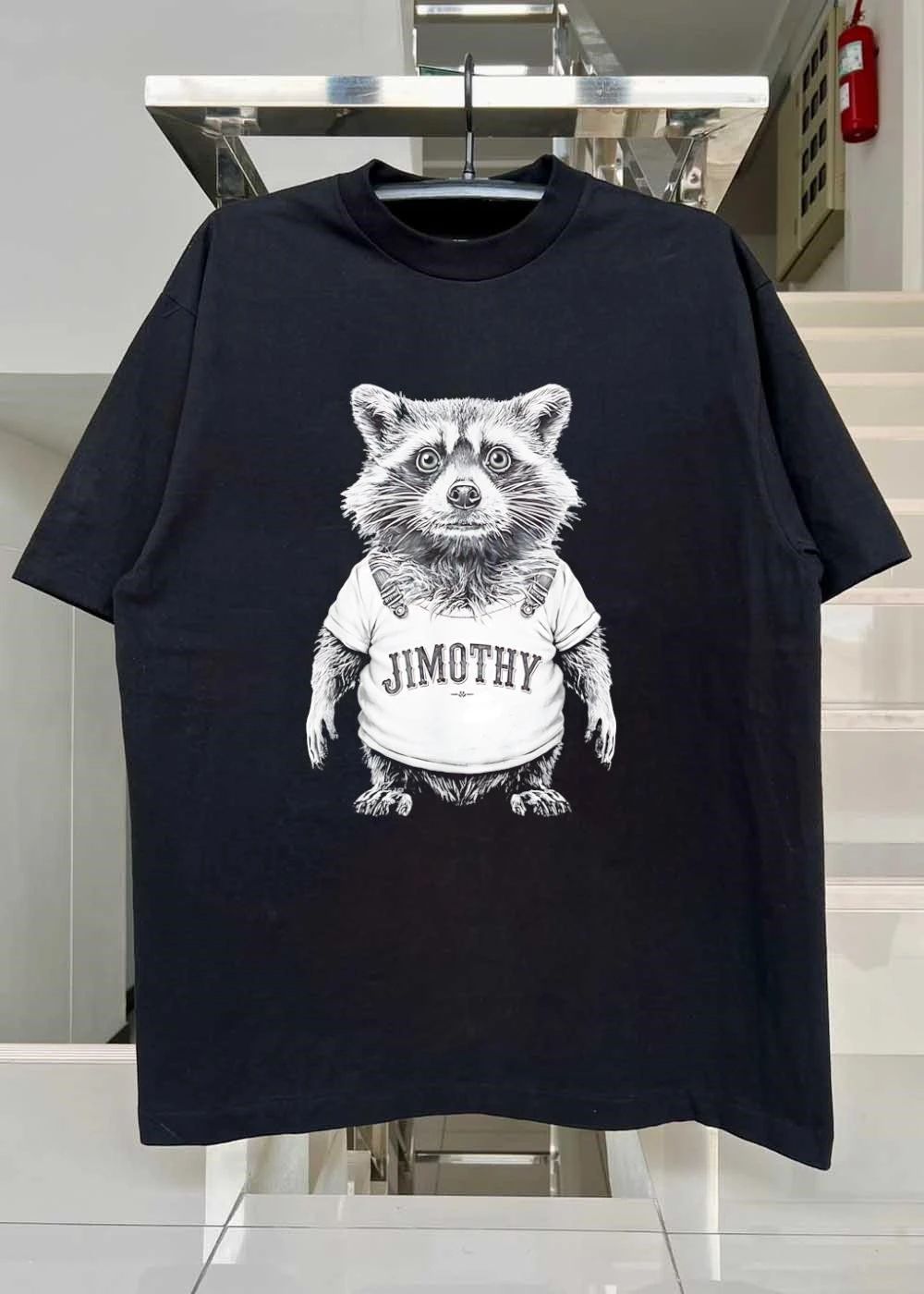Raccoon Wearing Jimothy Overalls T-Shirt