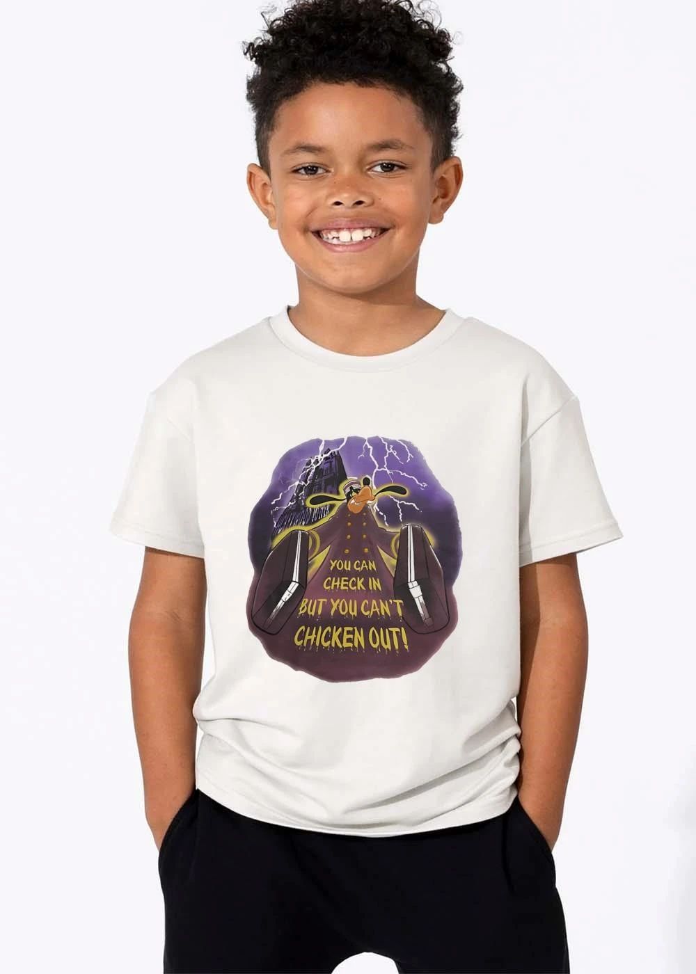 You Can Check In But Cant Chicken Out Cartoon Goofy Bellhop Suitcases Lightning shirt