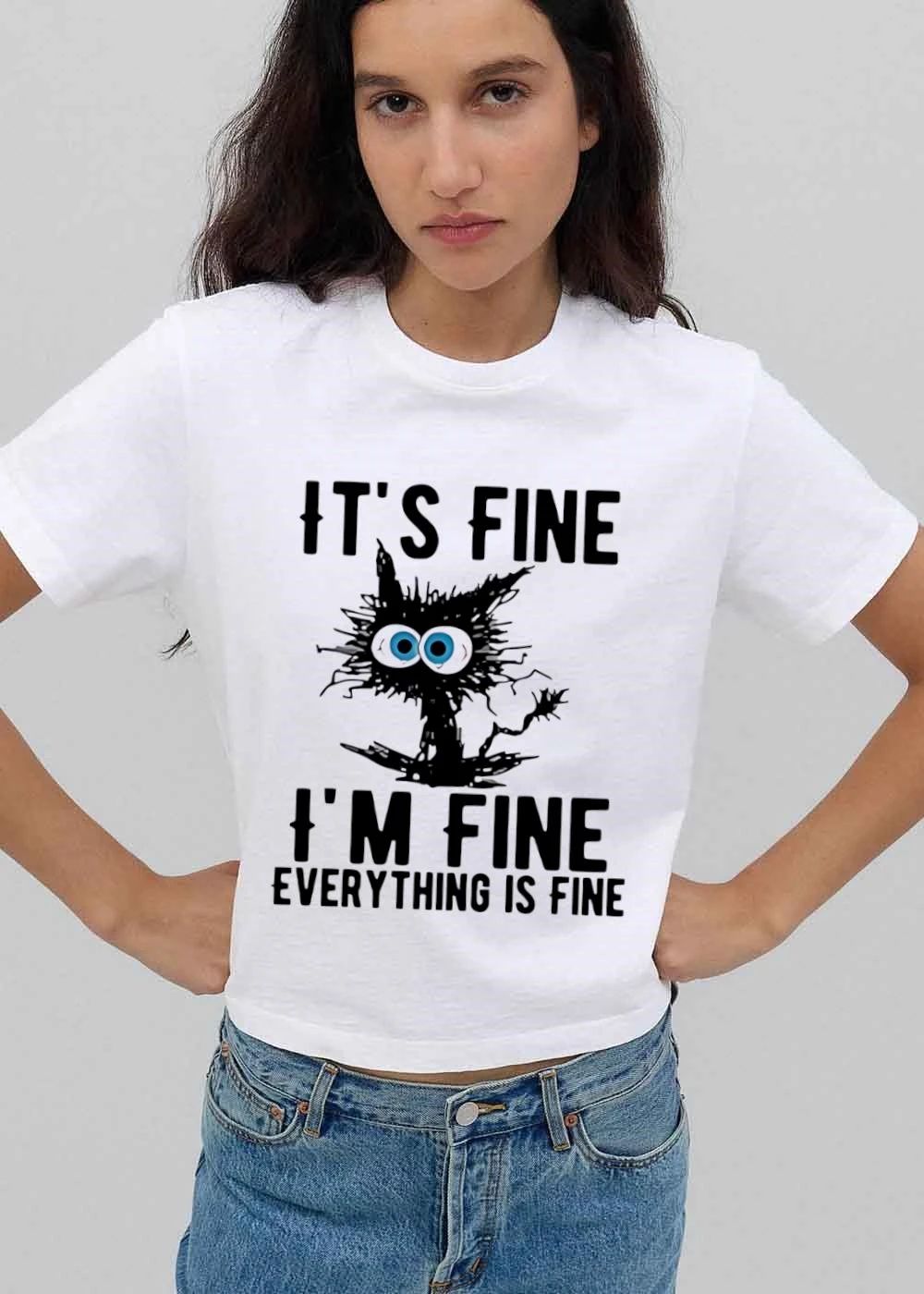 Its Fine Im Everything Is Cartoon Scruffy Black Cat Big Eyes shirt