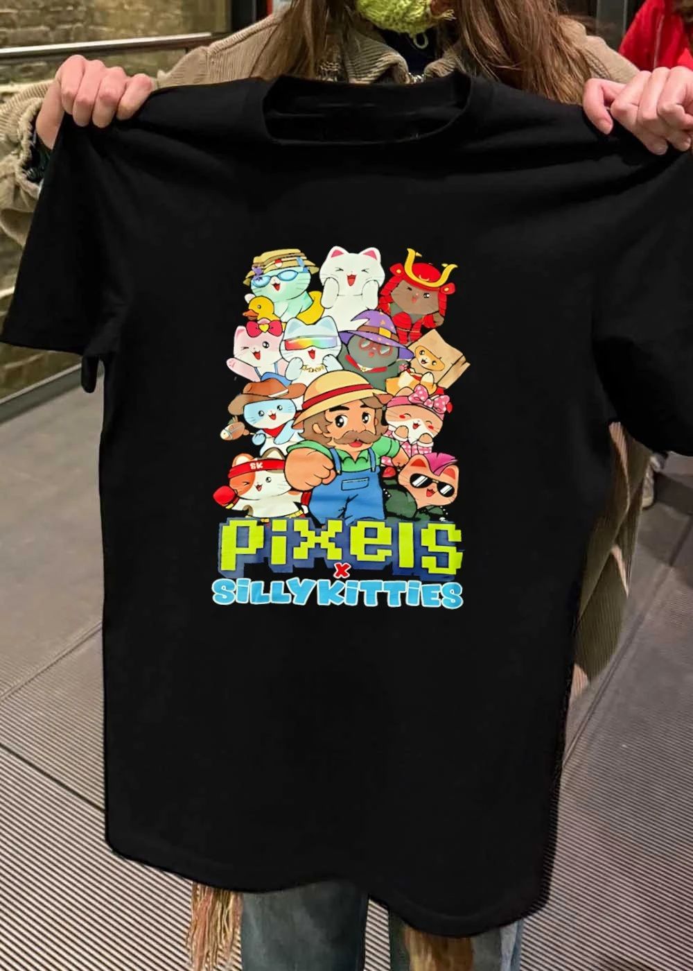 Pixels X Silly Kitties Cute Cats Character Mashup Cotton T-Shirt