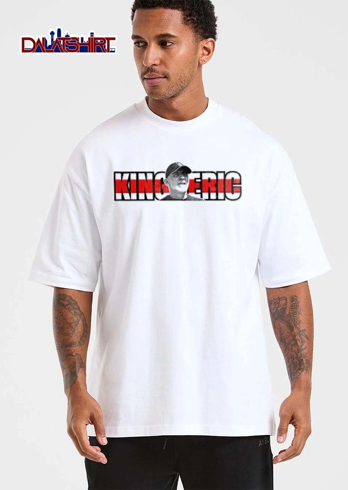 King Eric Bearded Man Portrait Baseball Cap Red White Stripe Block Letters shirt