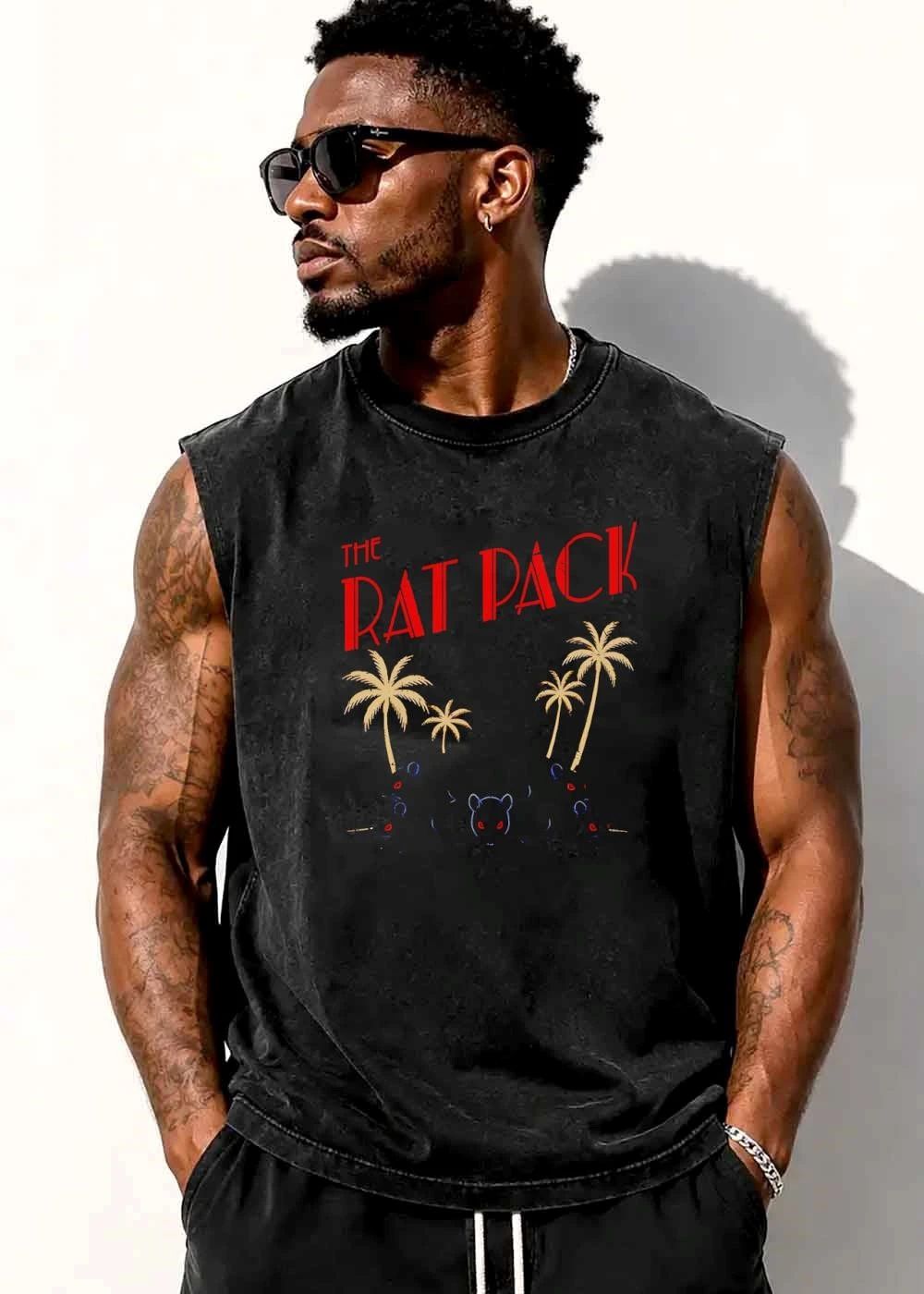 The Rat Pack Palm Trees Black Rats Glowing Red Eyes Distressed shirt