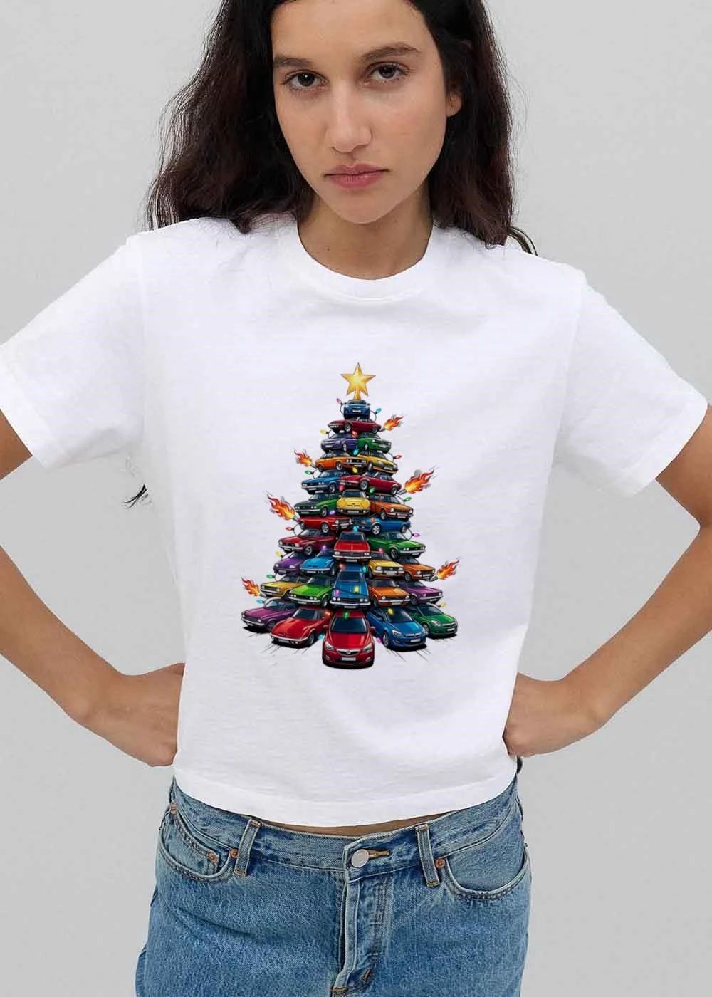 Opel Christmas Tree Stacked Colorful Cars Star Flames Exhaust Cartoon shirt
