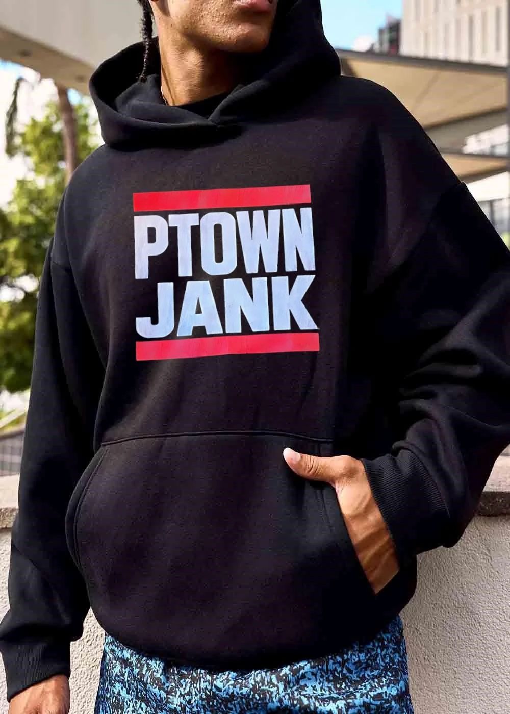 Ptown Jank Red Horizontal Bars White Textured Lettering shirt