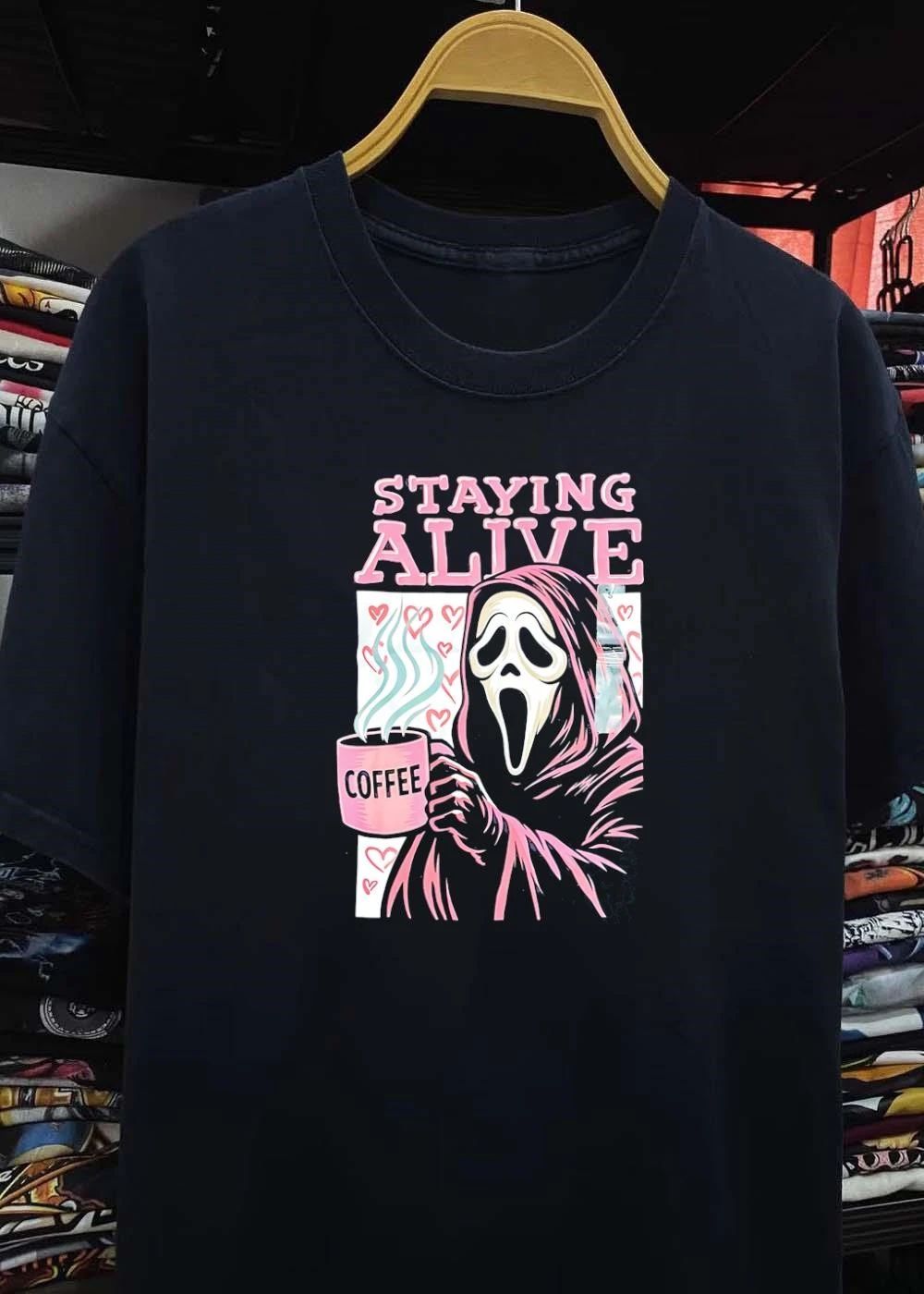 Ghostface Drinking Coffee Staying Alive T-Shirt