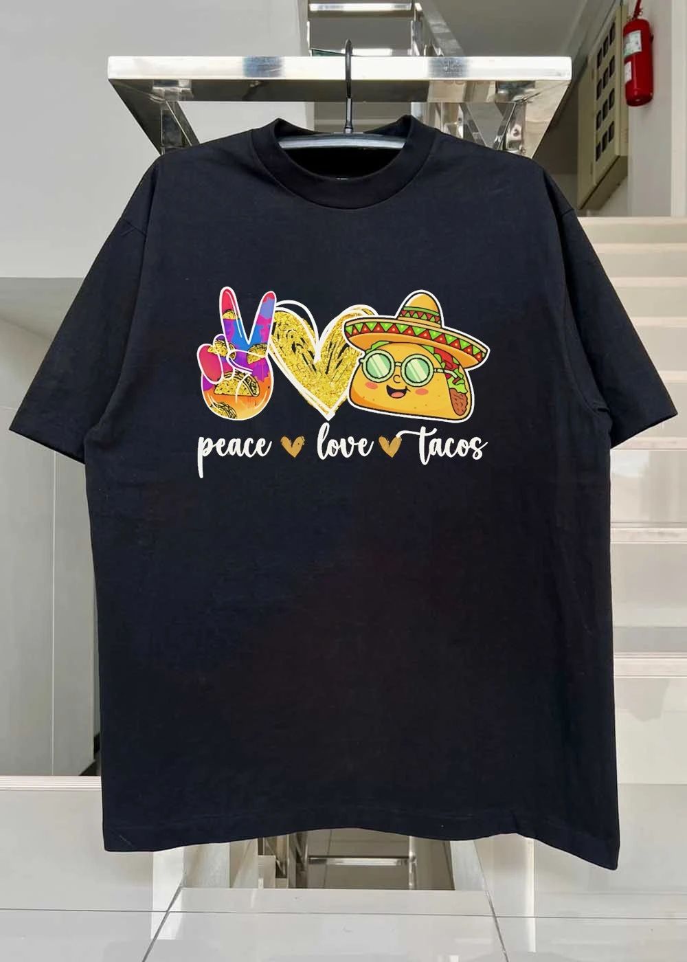 Peace Love Tacos Symbol Heart Sombrero Emoji Food Graphic T-Shirt