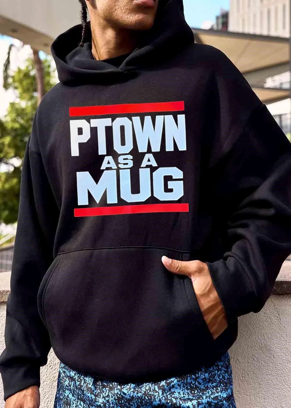 Ptown As A Mug Red Horizontal Bars White Varsity Block Lettering shirt