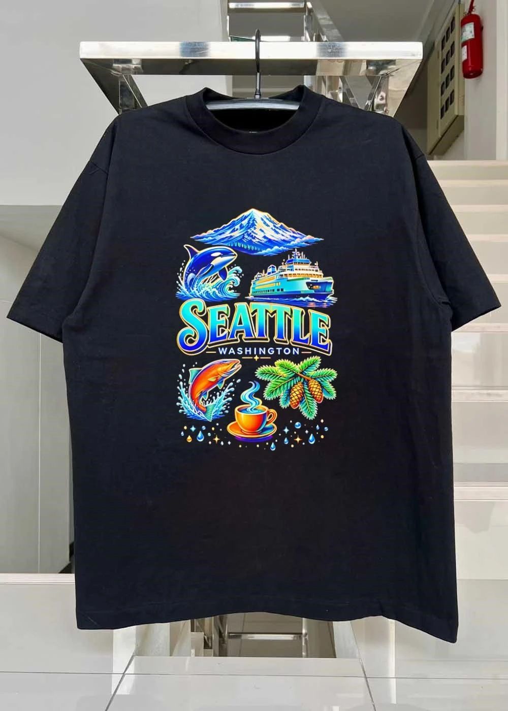 Seattle Washington Orca Ferry Salmon Coffee Pine Cone Mount Rainier shirt