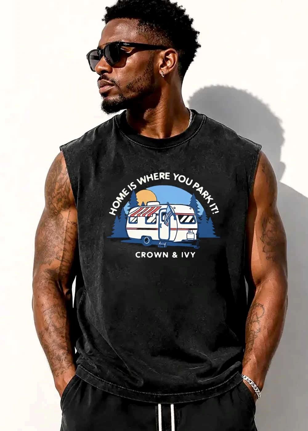 Crown And Ivy Home Is Where You Park It Travel Trailer Sun Pine Trees Cartoon shirt