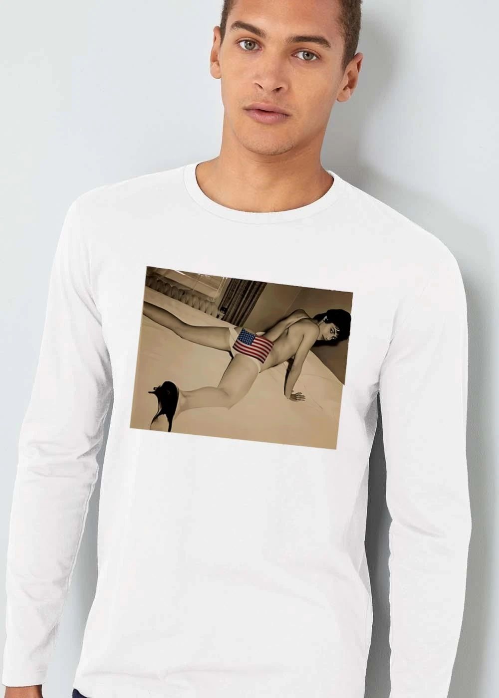 Photo Woman Lying Bed High Heels American Flag shirt