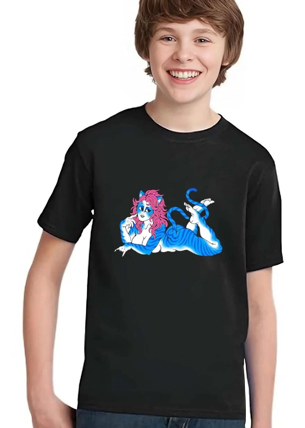Cartoon Blue Tiger Striped Pinup Woman Pink Hair Lying Down shirt