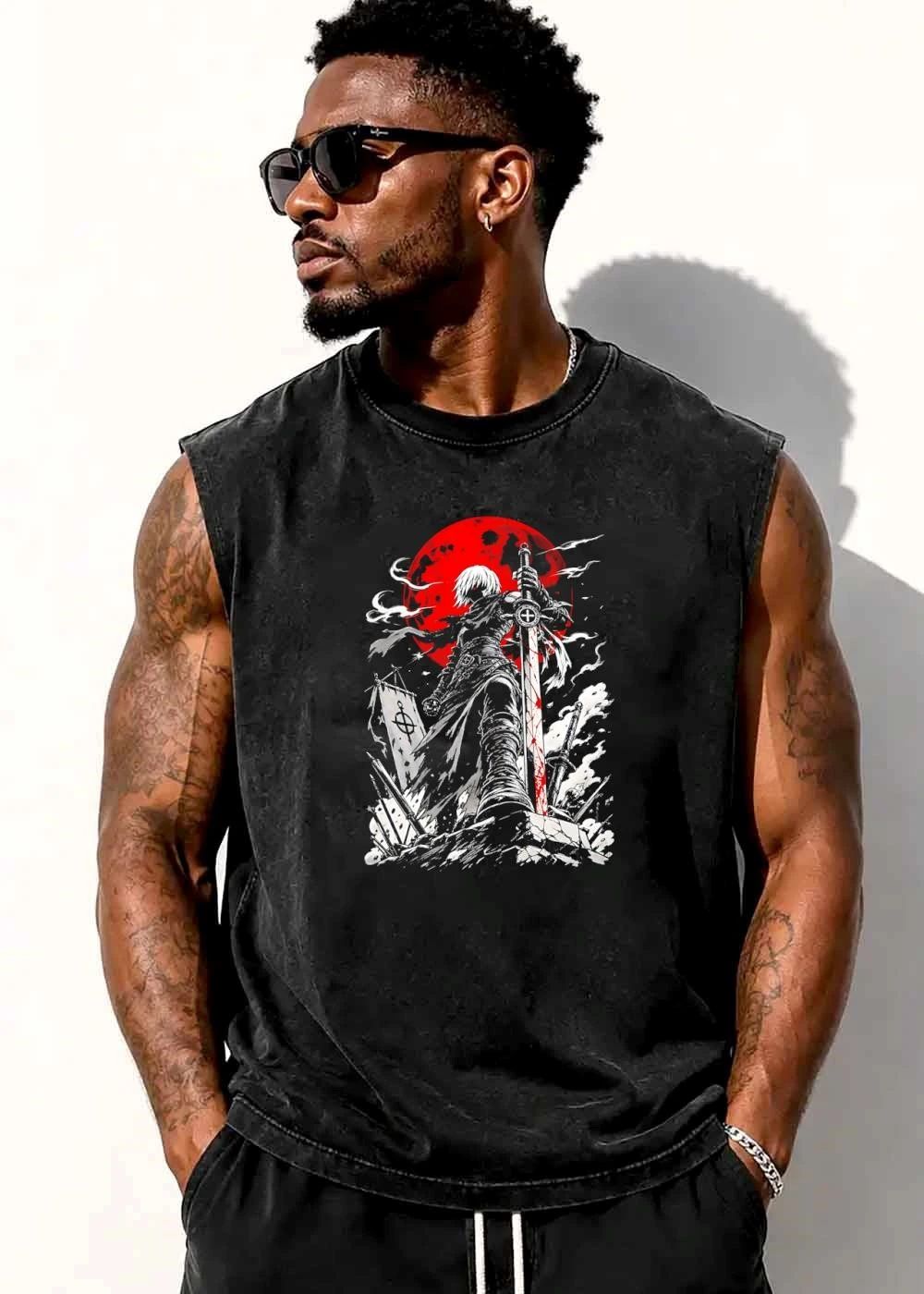 Dark Fantasy Warrior With Bloody Sword And Red Moon Battlefield shirt
