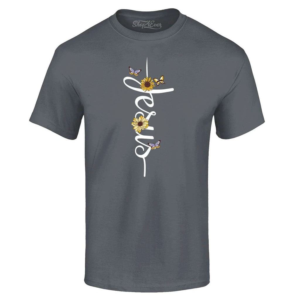 Jesus Script Cross Flowers and Butterflies T-shirt Religious Shirts