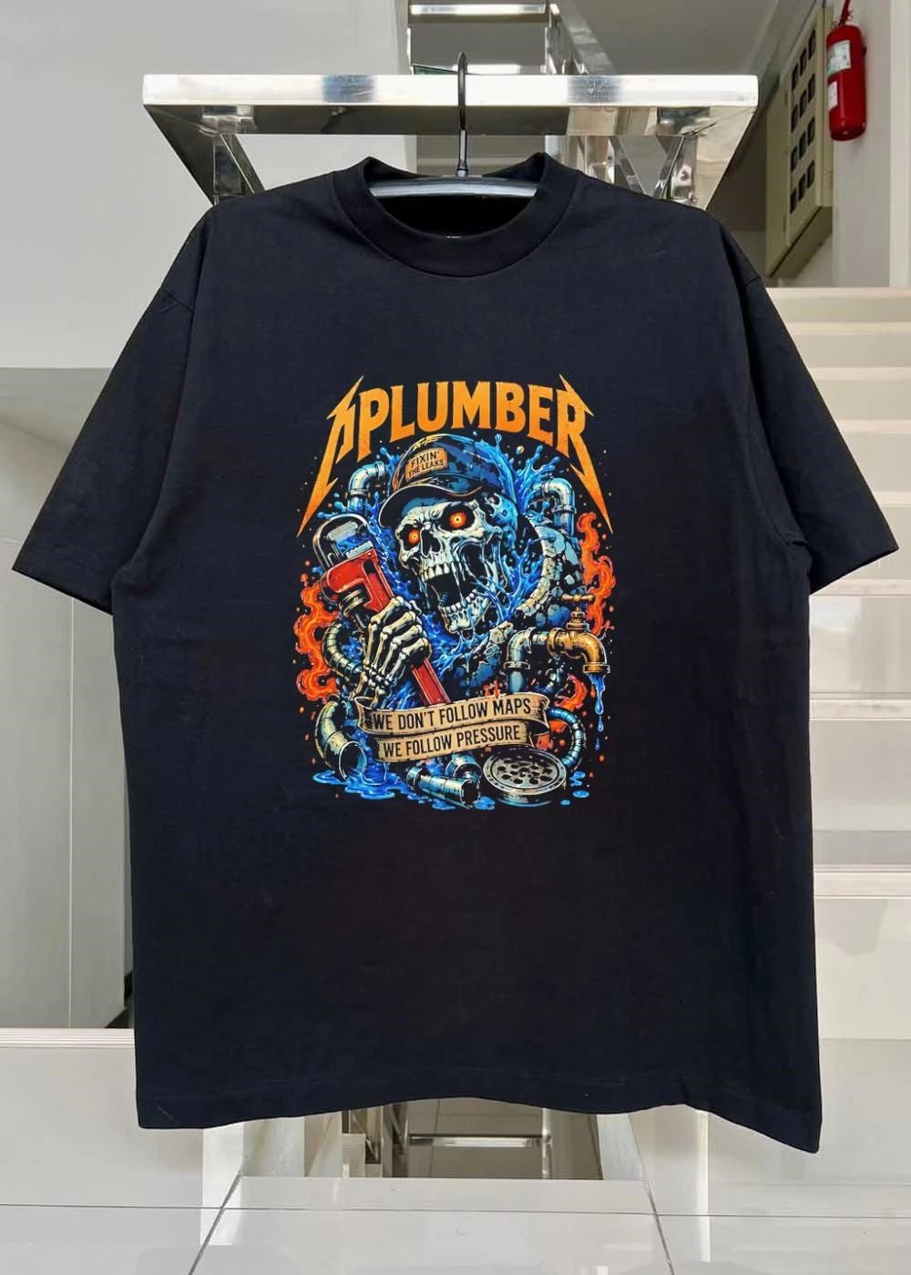 Plumber Fixin The Leaks Skeleton Holding Wrench We Dont Follow Maps Pressure T-Shirt