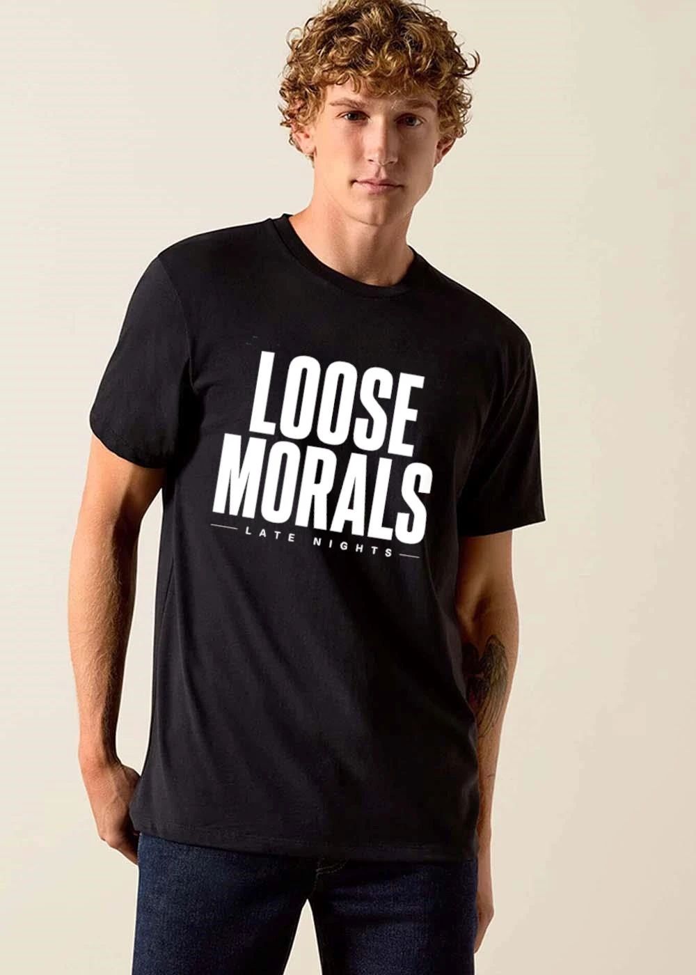 Loose Morals Late Nights Bold Tall Condensed Typography Horizontal Lines shirt