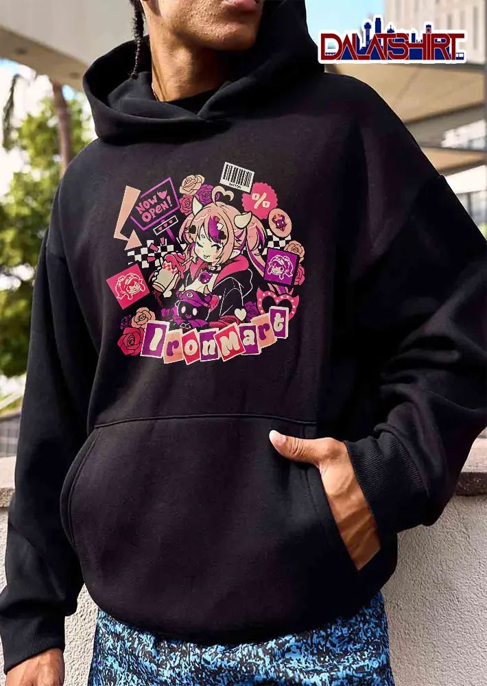 Ironmart Now Open Sayton Anime Horned Girl Drinking Boba Sticker Collage Roses shirt