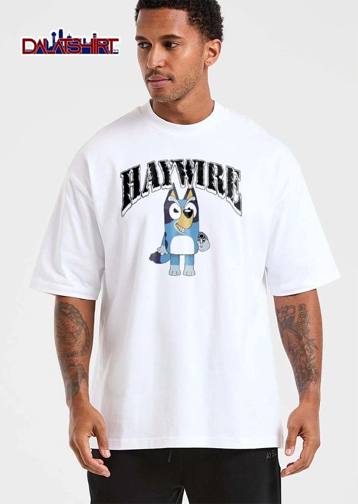 Haywire Bootleg Smirking Cartoon Blue Heeler Dog Holding Gun shirt