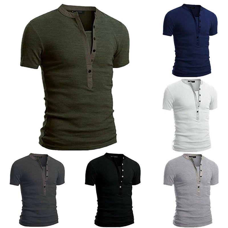 Mens Casual Slim Fit V Neck T-Shirt Muscle Tee Tops Short Sleeve Button Blouse 。