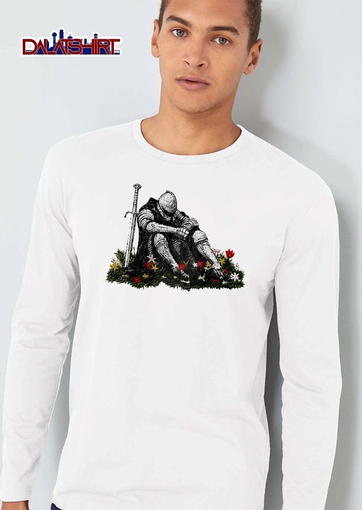Armored Knight Sitting In Grass Flowers Beside Sword Line Art shirt