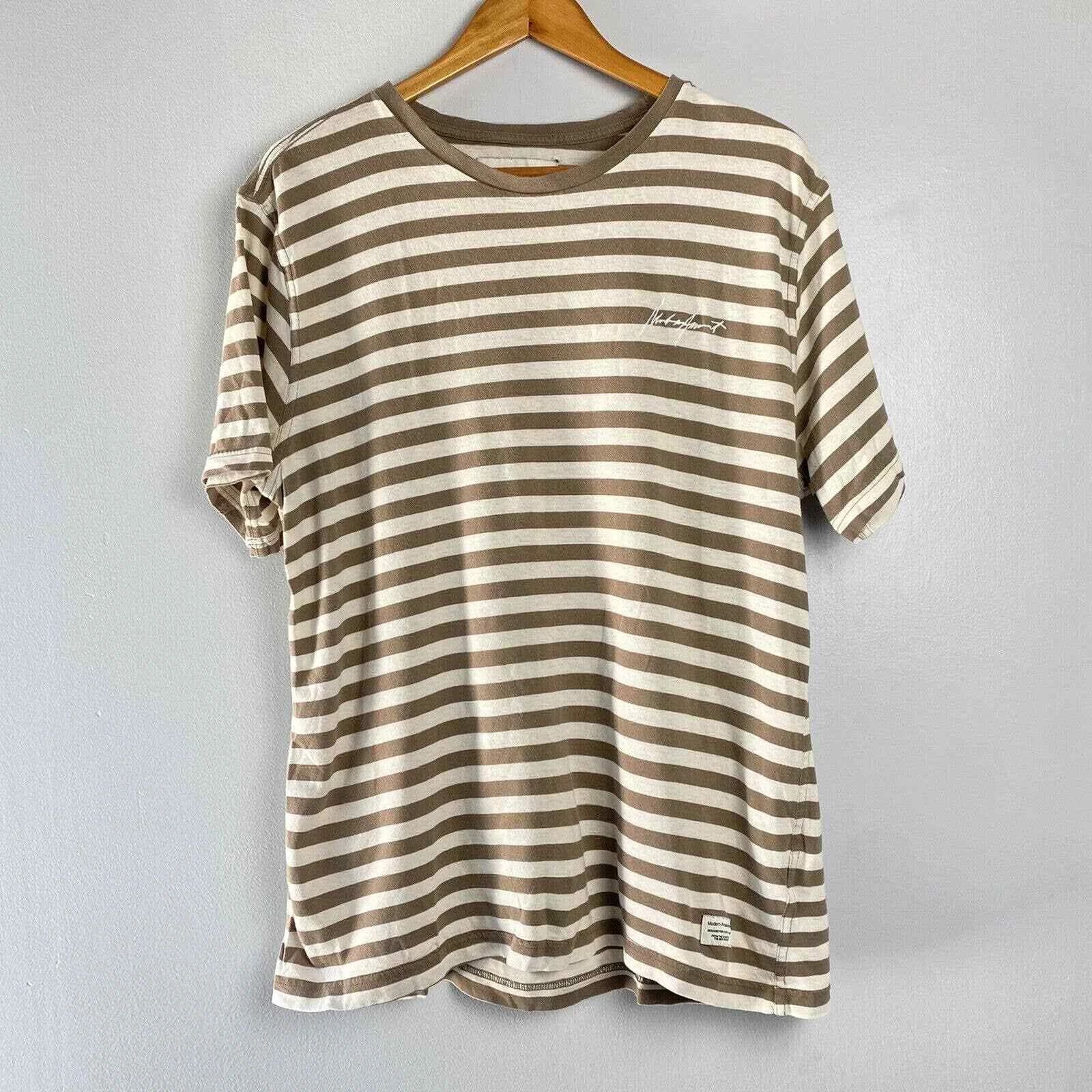 Modern Amusement Striped Brown Cream Shirt Mens Large Embroidered