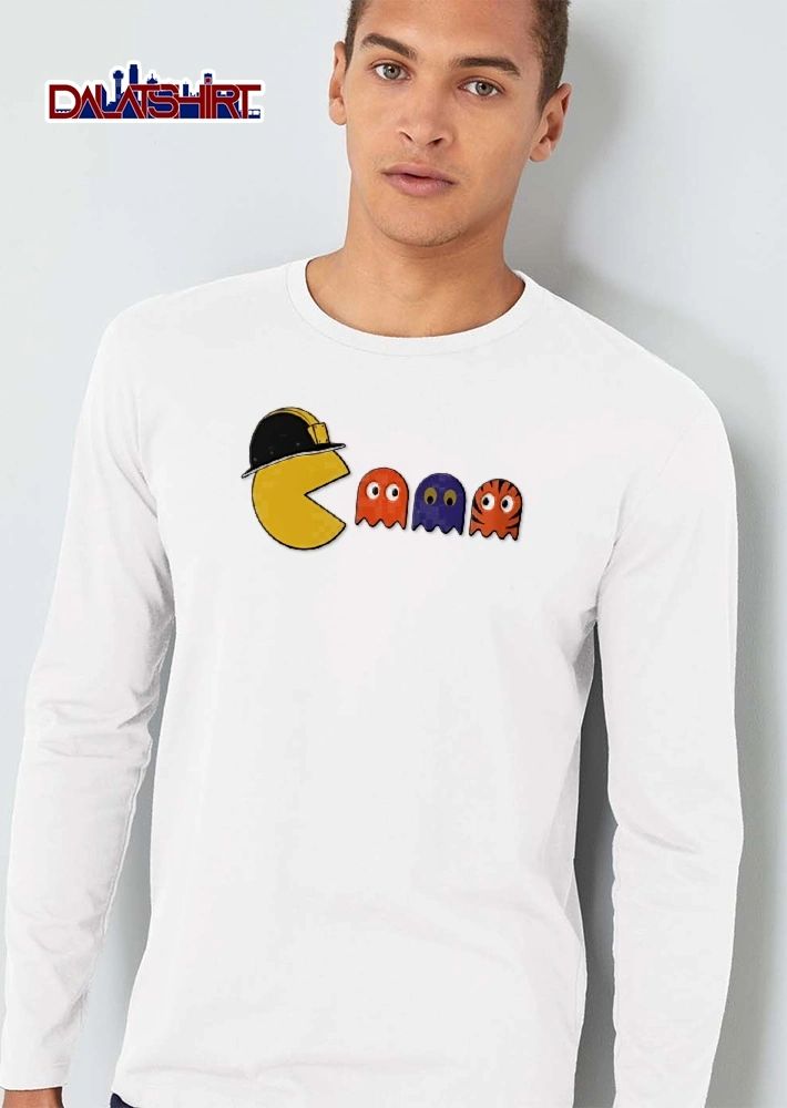 Pacman wearing construction hat eating ghosts shirt
