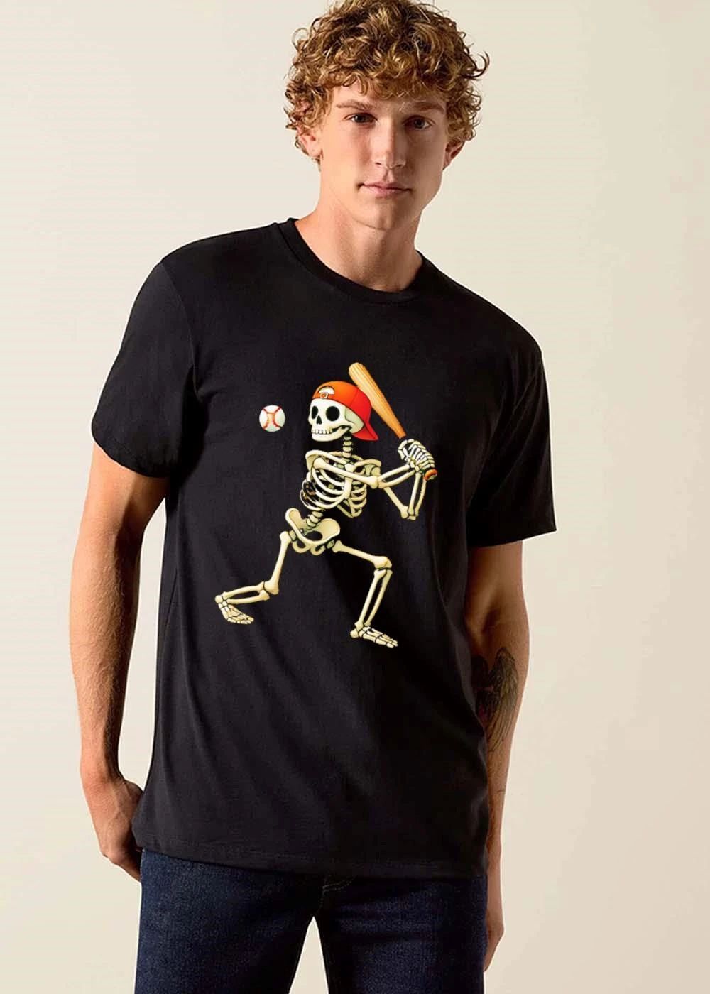 Cartoon Skeleton Backwards Orange Cap Swinging Wooden Bat At Baseball shirt
