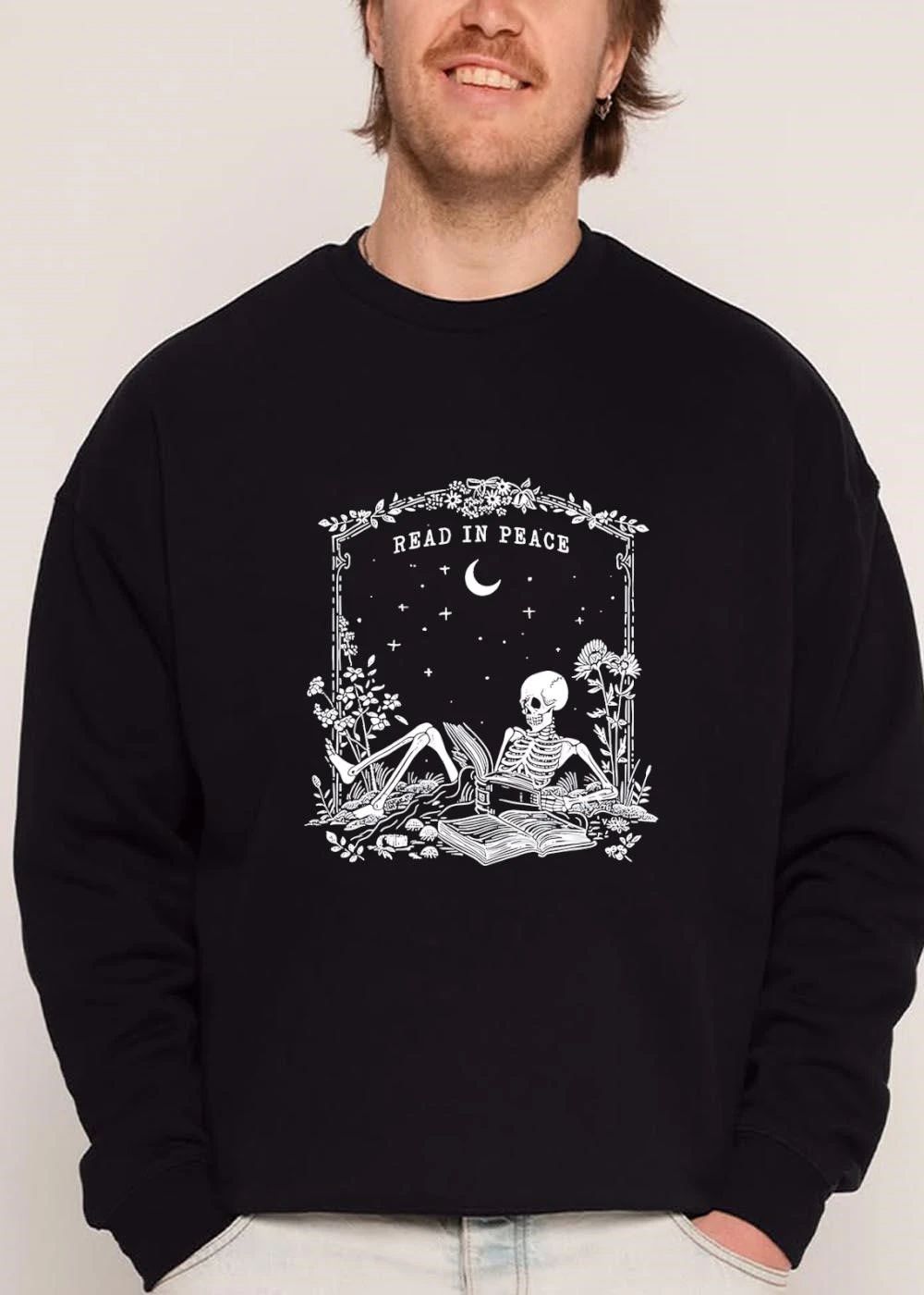 Read In Peace Skeleton Reading Book Crescent Moon Line Art shirt