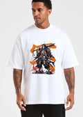 Horned Skeleton Samurai Warrior Holding Giant Katana Orange Brushstroke Background shirt