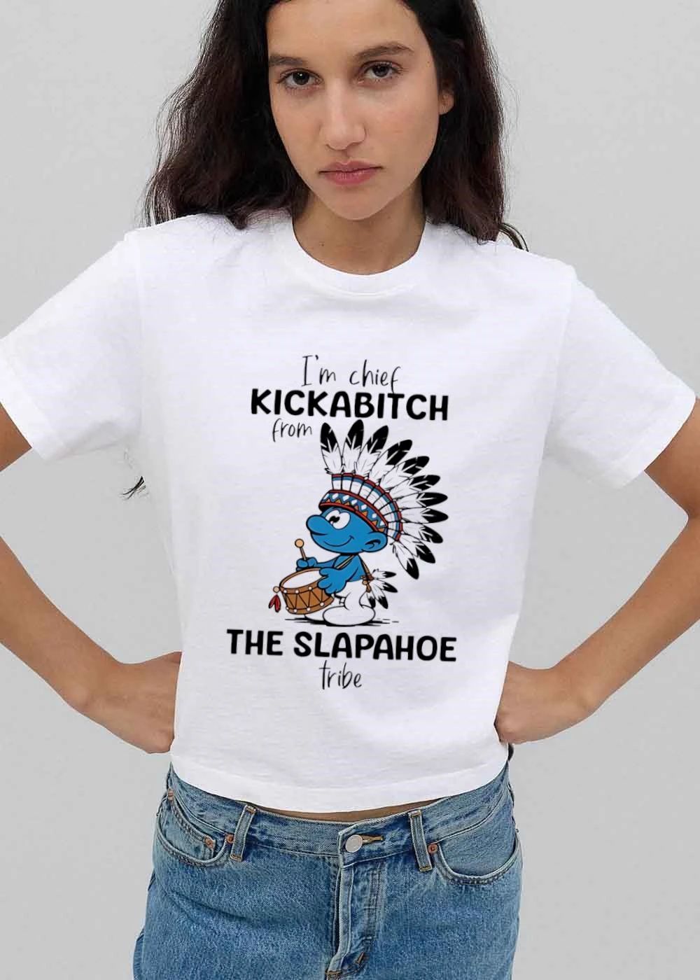 Im Chief Kickabitch From The Slapahoe Tribe Cartoon Smurf Native American Headdress Drum shirt
