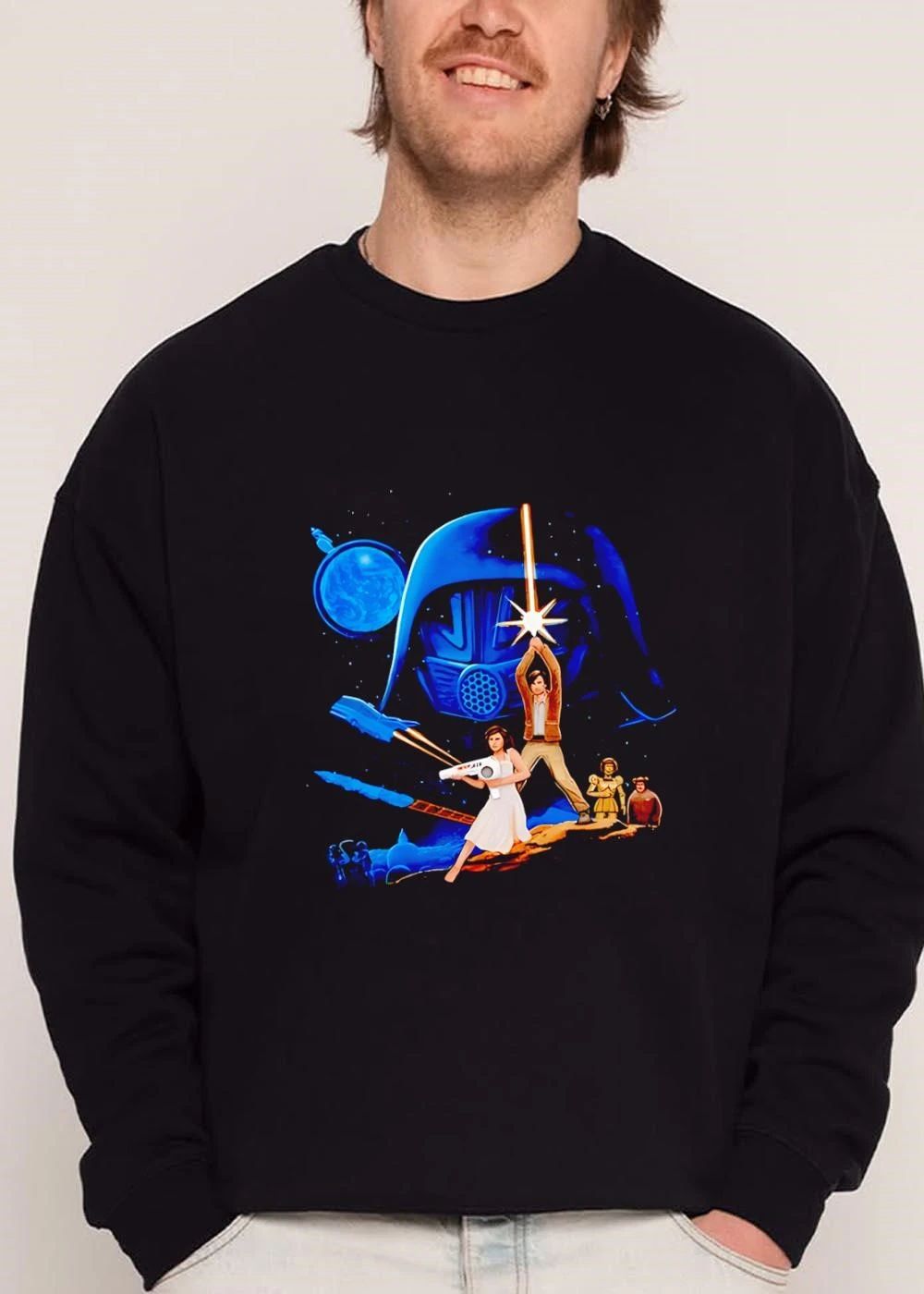 Retro Bootleg Sci Fi Movie Poster Heroes Holding Lightsaber Giant Helmet shirt