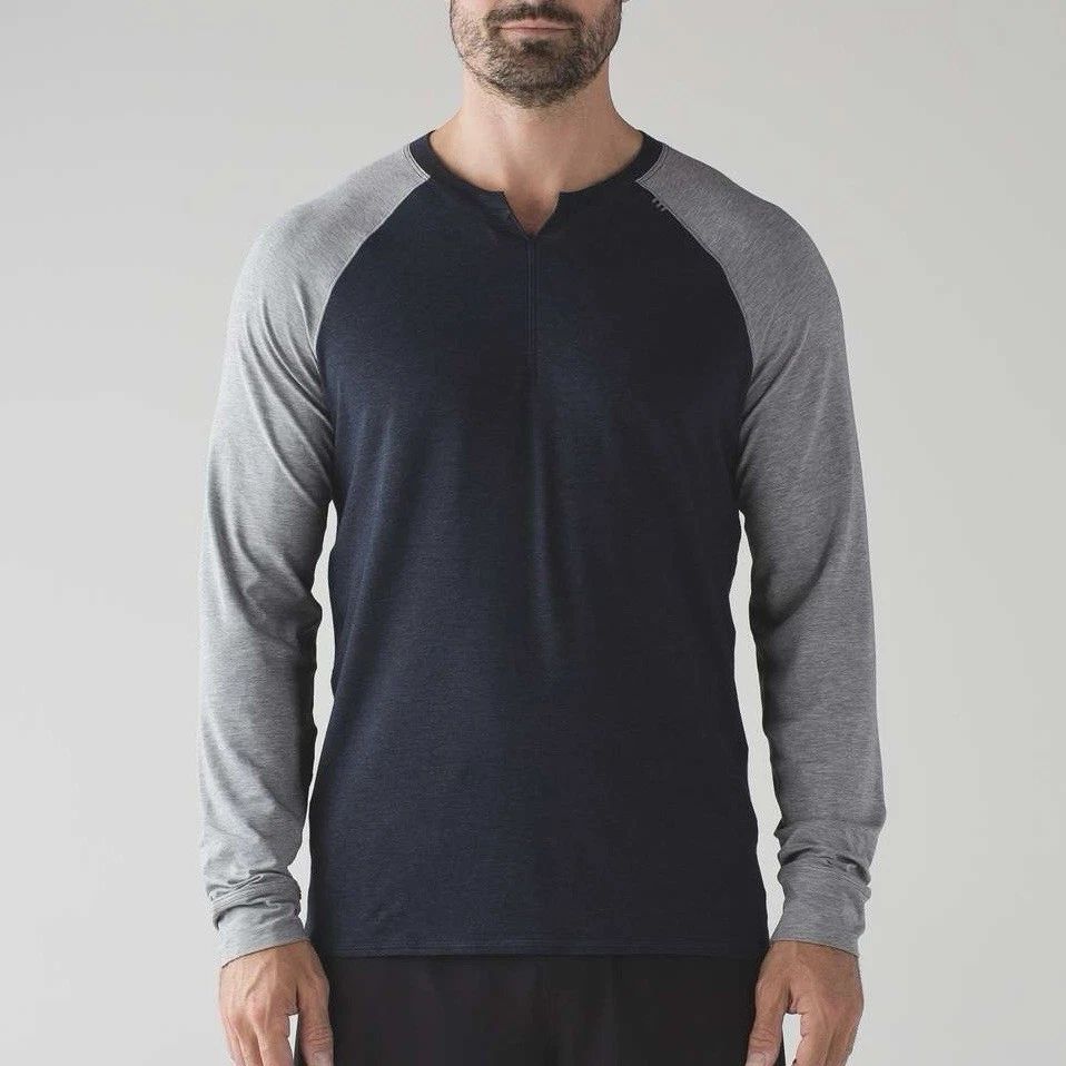 Lululemon Bodhi Long Sleeve Shirt Mens Size M Split Neck Raglan Sleeve Gray Blue