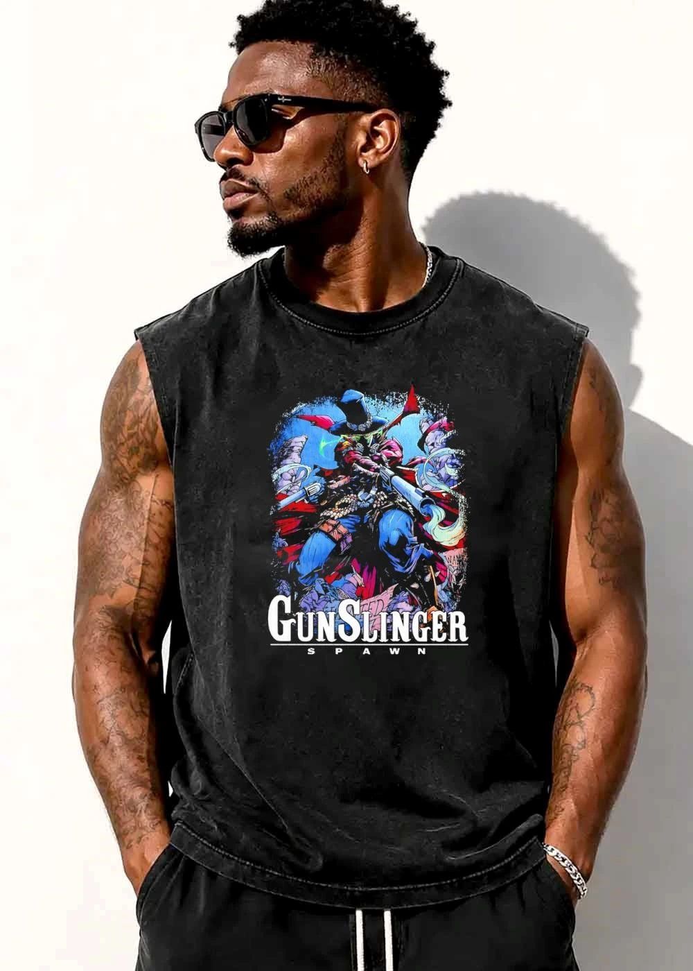 Gunslinger Spawn Cowboy Character Holding Rifle Revolver Distressed shirt
