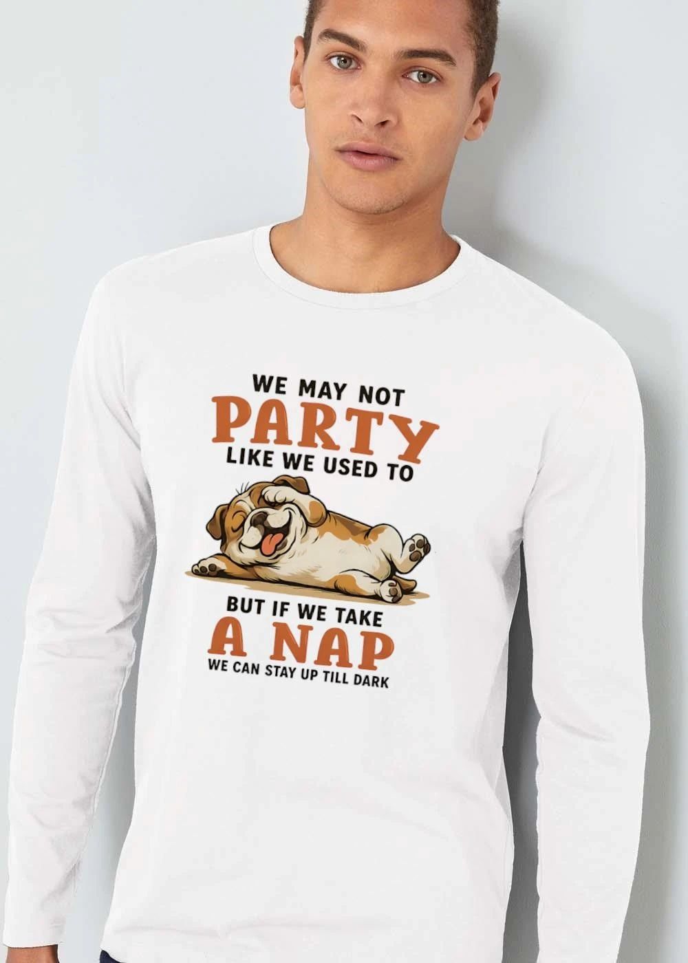 We May Not Party Like Used To But If Take A Nap Can Stay Up Till Dark Cartoon Bulldog Lying Down shirt