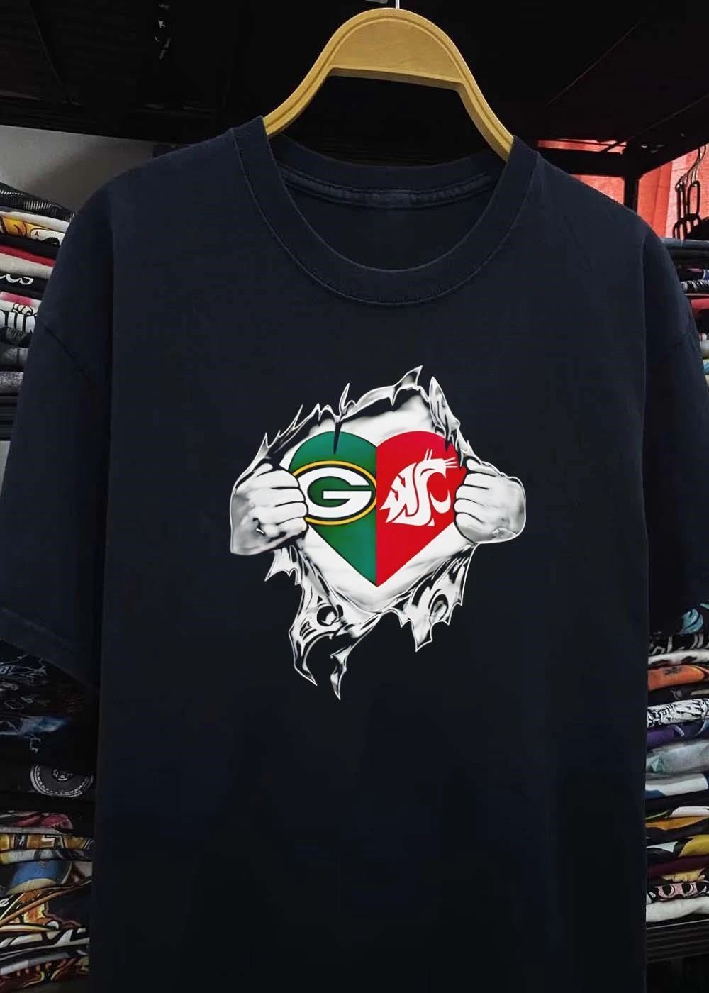 Rip Through Heart Green Bay Packers Washington State Cougars T-Shirt