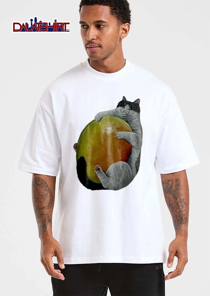 Chubby Sad Black And White Tuxedo Cat Hugging Giant Ripe Mango shirt