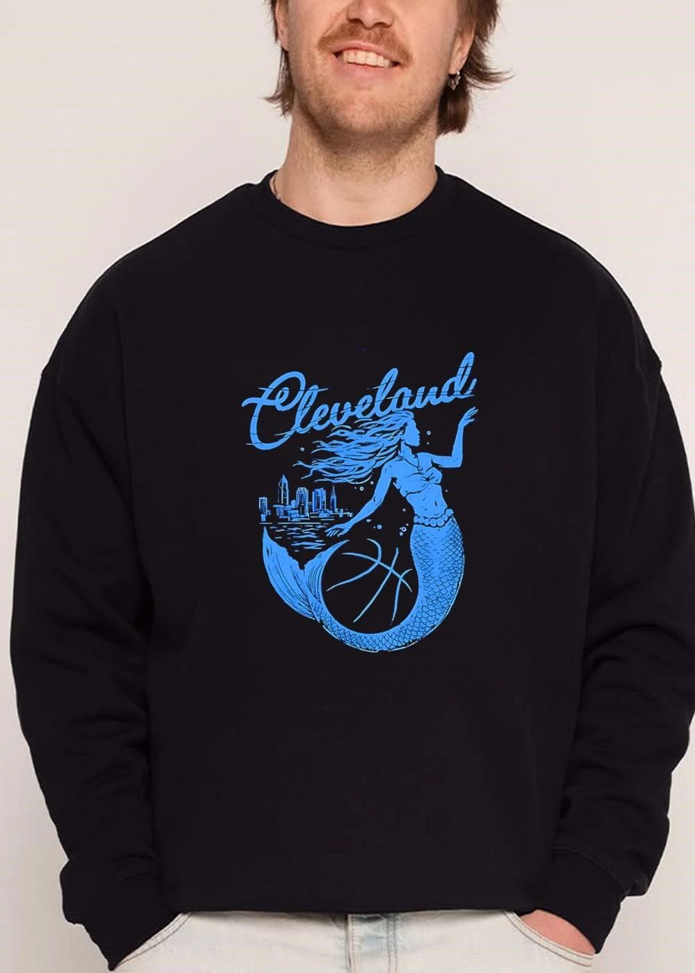 Cleveland Distressed Blue Mermaid Basketball City Skyline Line Art shirt