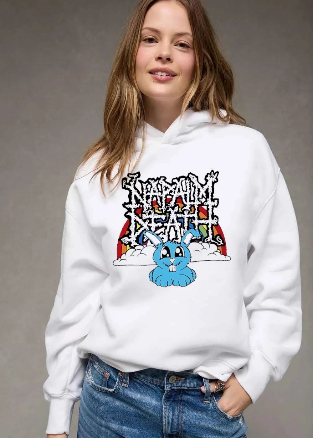 Napalm Death Spiky Text Cute Cartoon Blue Bunny Rainbow Clouds shirt
