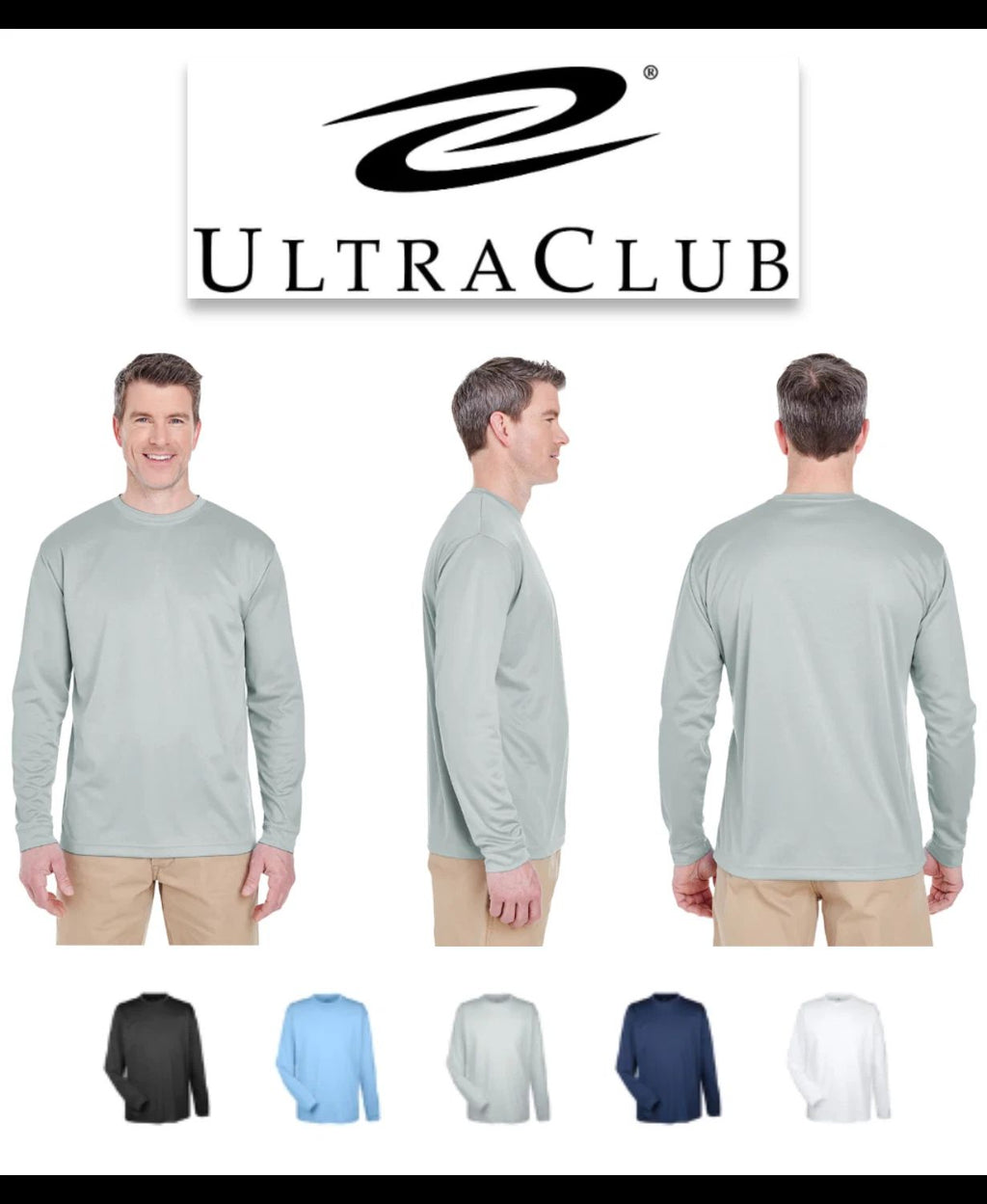 8401 UltraClub Men's Columbia Blue Cool & Dry Sport Long-Sleeve T-Shirt