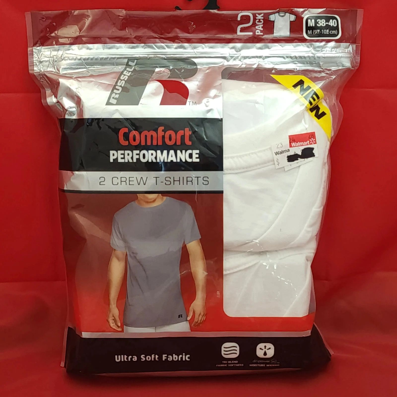 Russell Men's Comfort Performance 2-Pack White Crew T-Shirts Size M Moisture Wic
