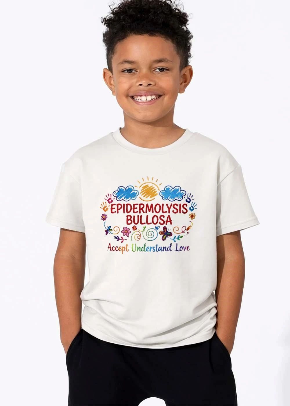 Epidermolysis Bullosa Accept Understand Love Colorful Sun Clouds Handprints Butterfly Flowers shirt