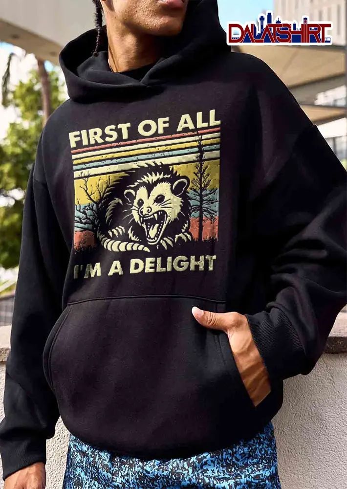 First Of All Im A Delight Snarling Opossum Retro Stripe Sunset Trees shirt